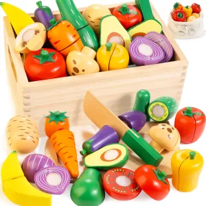 Wooden Play Food Set for Kids Kitchen | Velcro Chopping Veggies & Fruits Toy Food Set with Storage Case & Bag, Play Kitchen Accessories, Pretend Play Food for Toddlers 3 