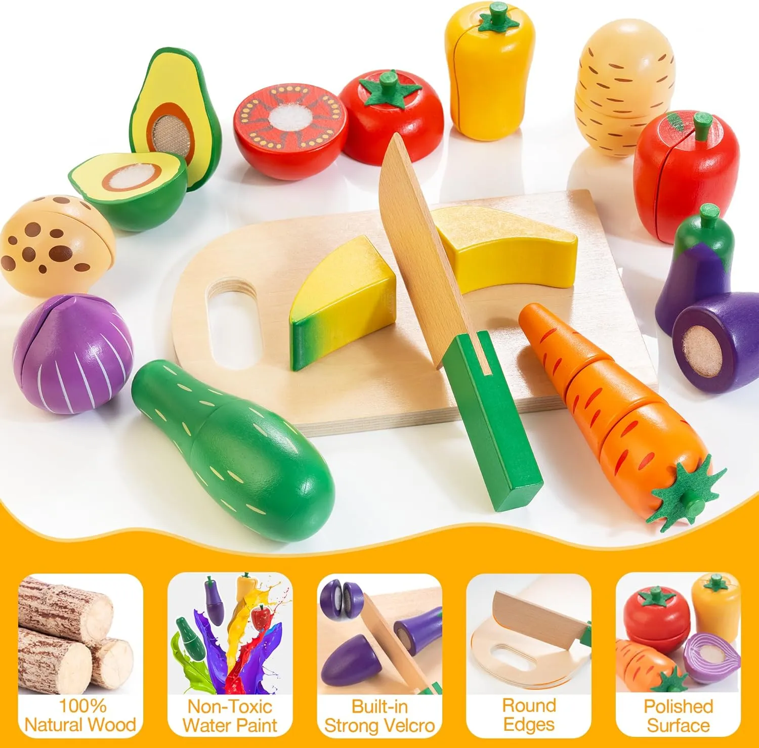 Wooden Play Food Set for Kids Kitchen | Velcro Chopping Veggies & Fruits Toy Food Set with Storage Case & Bag, Play Kitchen Accessories, Pretend Play Food for Toddlers 3 