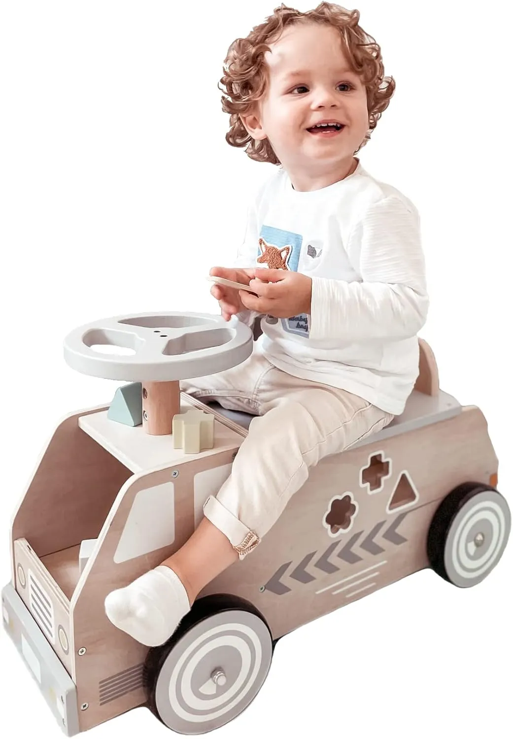 Wooden Ride On Car with Building Blocks, Non-Slip Learning Toy for Toddlers from 2 Years, Motor Skills Toy with Sorting Function, Steering Wheel & Storage Compartment (6 Pieces)