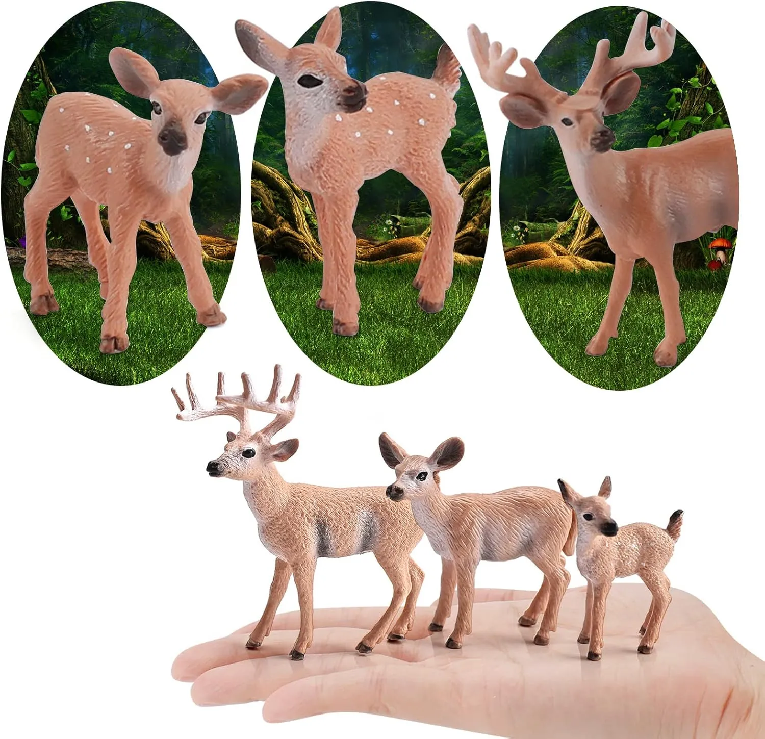 Woodland Wild Animals Toy Playset White Tail Deer Figurines Toys Christmas Scene Decoration Cake Tooper Decoration Accessory Cognitive Toys for Kids 6 Pcs
