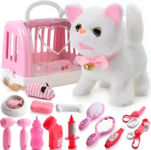 WorWoder 15PC Robot Plush Electronic Interactive Cats That Move and Meow Walking Wagging Lifelike Stuffed Kitten Toy pet for Girls Kid Parts (White)