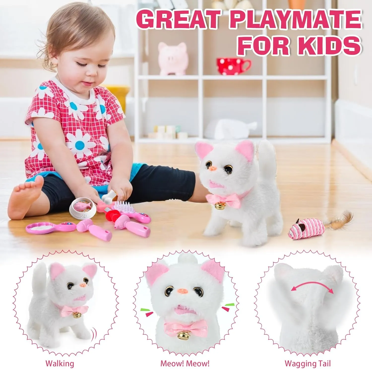 WorWoder 15PC Robot Plush Electronic Interactive Cats That Move and Meow Walking Wagging Lifelike Stuffed Kitten Toy pet for Girls Kid Parts (White)