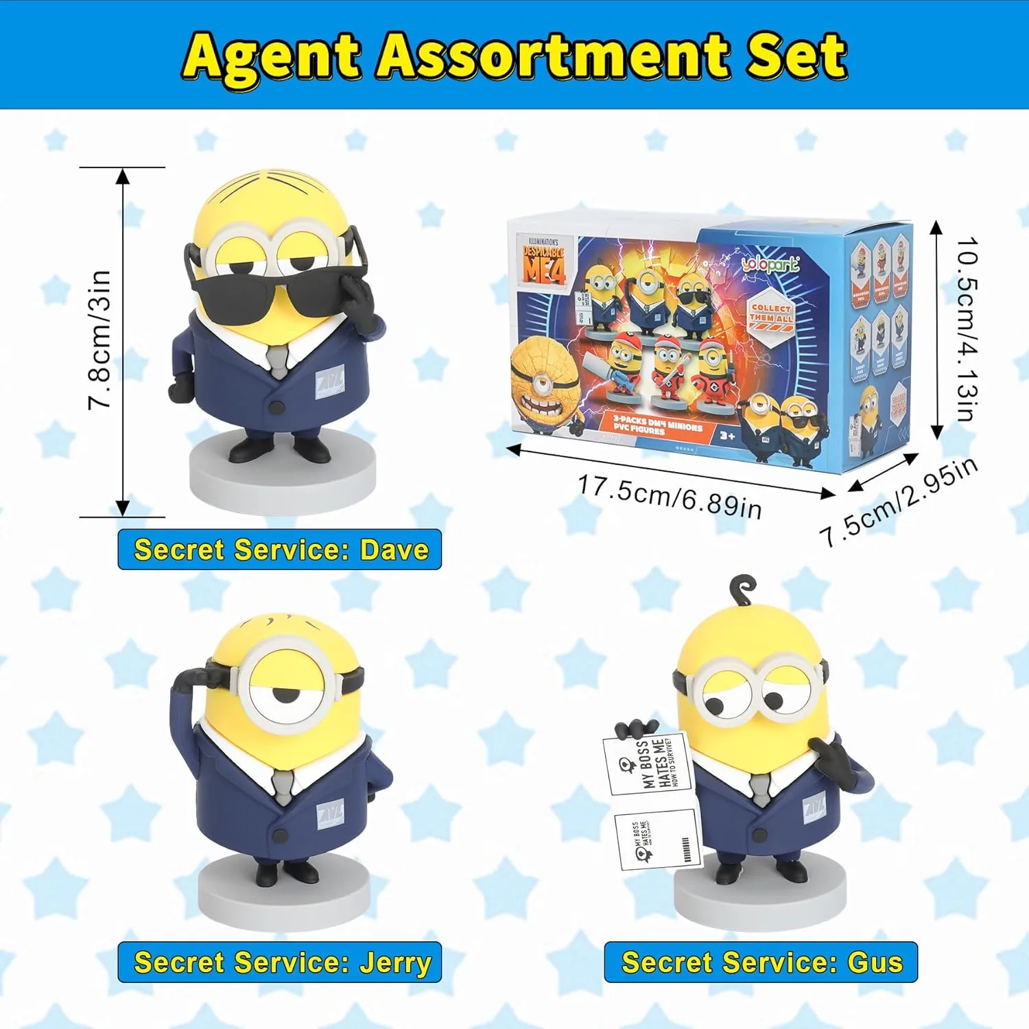 YOLOPARK Despicable Me 4 Toys,Collectible Minions Agent Assortment Set Action Figures,3 Inch Minion Home Decorations/Model Kits, Holiday Birthday Gifts for Ages 3 and Up