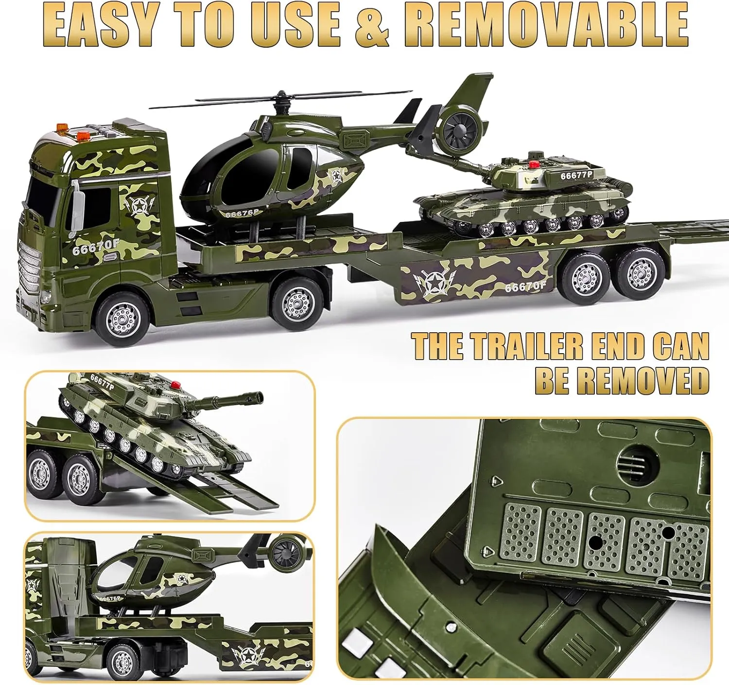 ZHFUYS 25.6" Green Military Big Truck Toys, Big Truck Toy with Tank and Helicopter,Army Toys with Sounds & Lights, Great Gift for 3 Years Old Boys and Girls