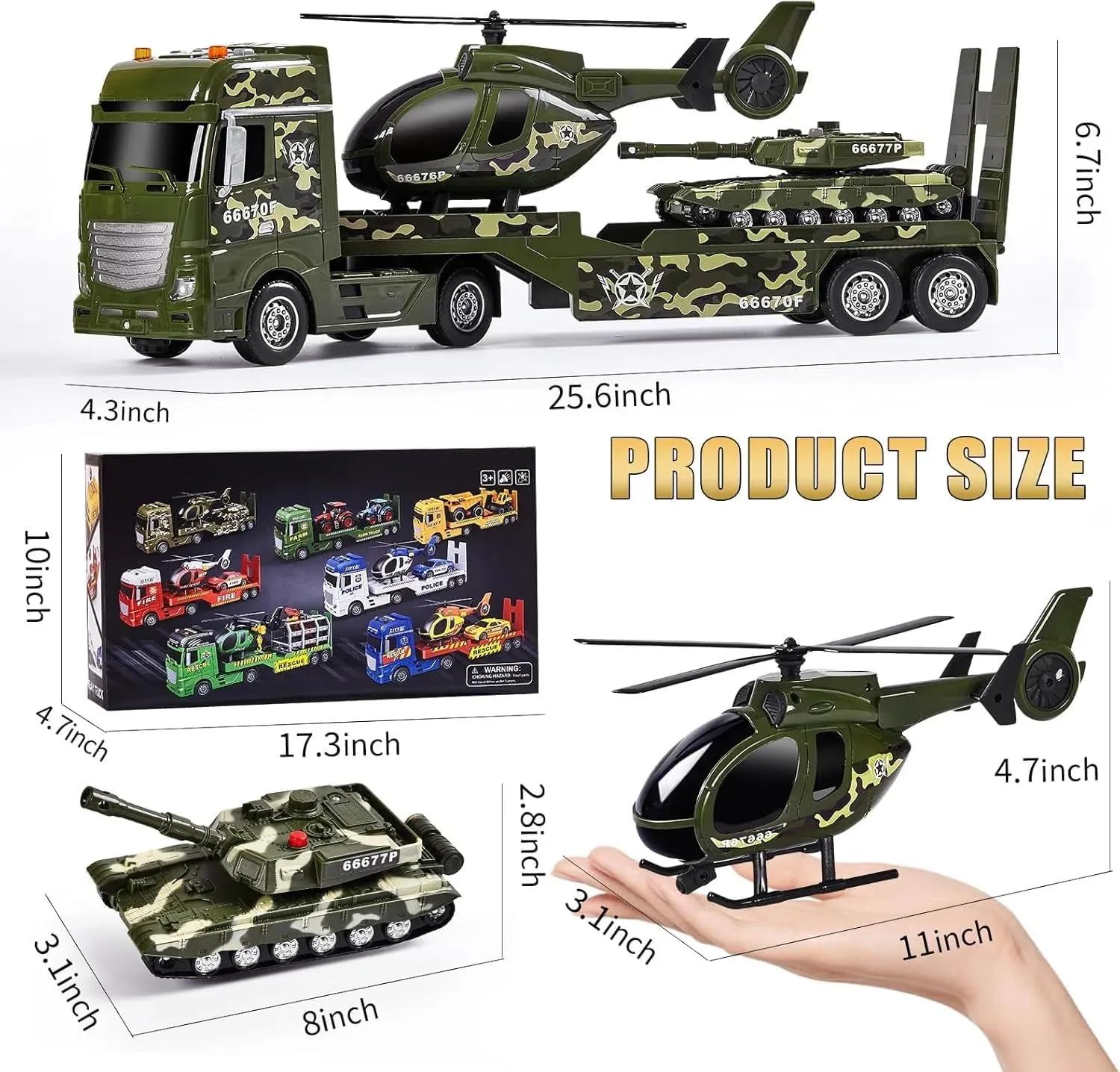 ZHFUYS 25.6" Green Military Big Truck Toys, Big Truck Toy with Tank and Helicopter,Army Toys with Sounds & Lights, Great Gift for 3 Years Old Boys and Girls