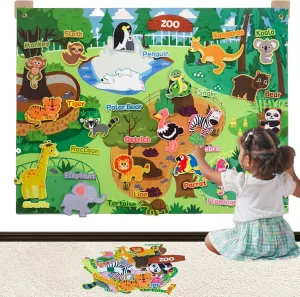 Zoo Animals Felt Story Board Set- 43x28 Inch Free Sticking Felt Board- Preschool Learning Activities for Ages 3 - Educational Sensory Toys for Toddlers 1-3- Wall-Mounted Emotional Skills Gift